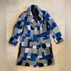 💙🖤 Alison Sheri Women Wool Blend Double Breasted Pea Coat Patchwork M EUC